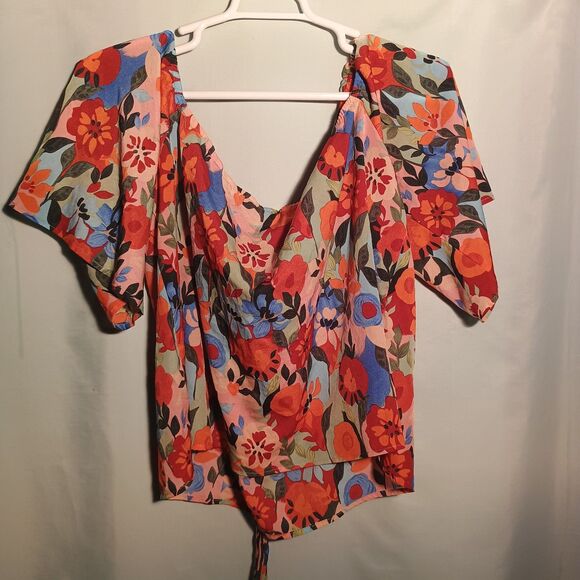Retro Floral Boho Crop Top – Colorful Puff Sleeve Lace-Up Blouse - Picture 5 of 5